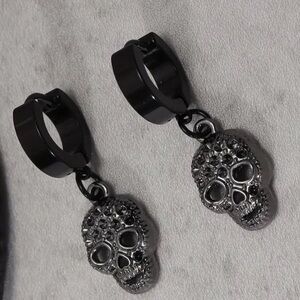 Badass Black Skull, Steampunk Hoop Halloween Earrings